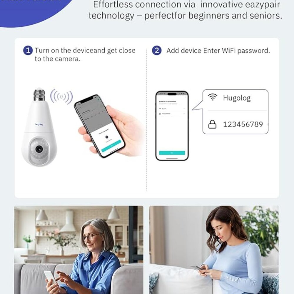 Hugolog 2K Light Bulb Security Cameras Wireless Outdoor-2.4GHz W/ AI Motion - Picture 2 of 4